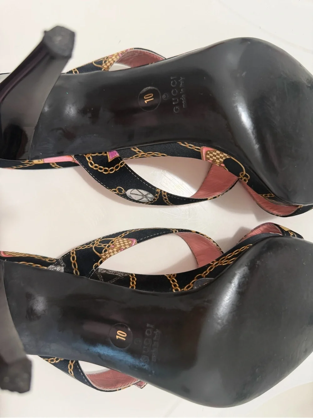 Gucci Pink and Black Chain-Print Heeled Slide Sandals
